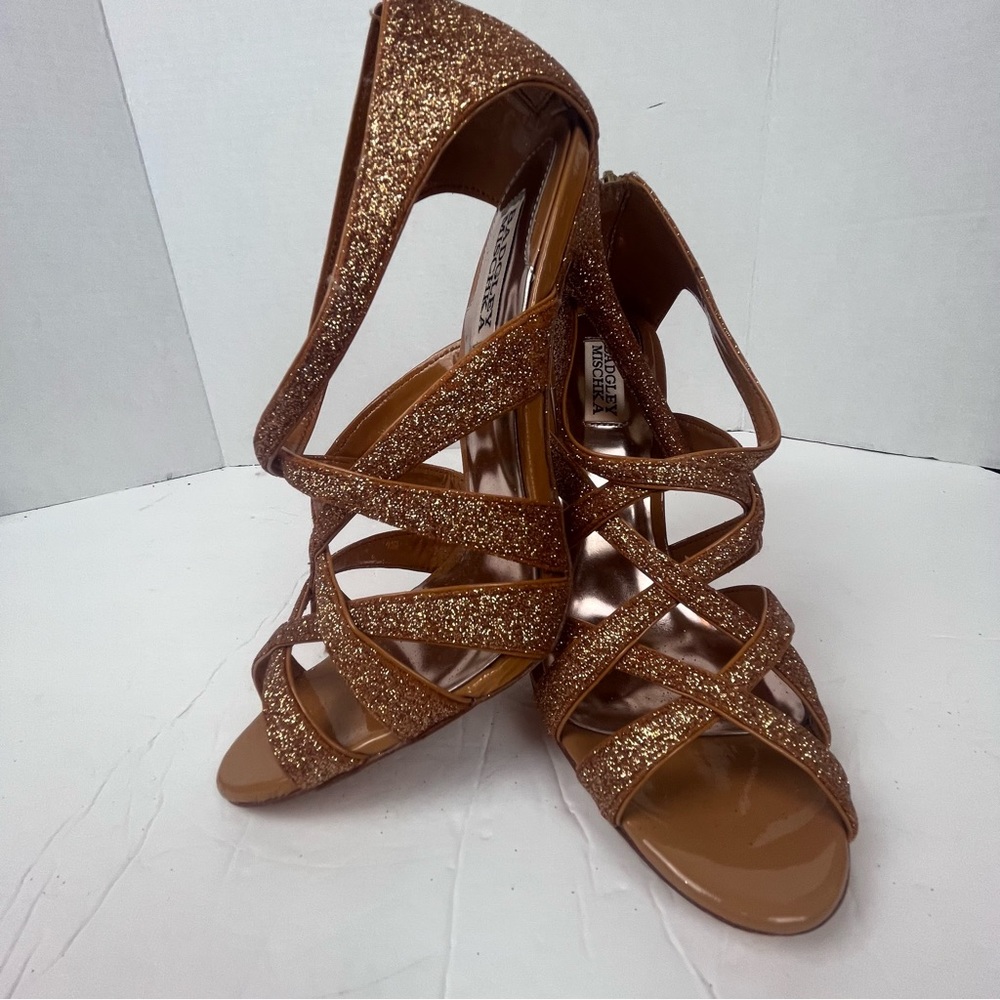 Badgley Mischka Junebug rose gold glitter sandal strappy heel Women’s 9 - Picture 2 of 13